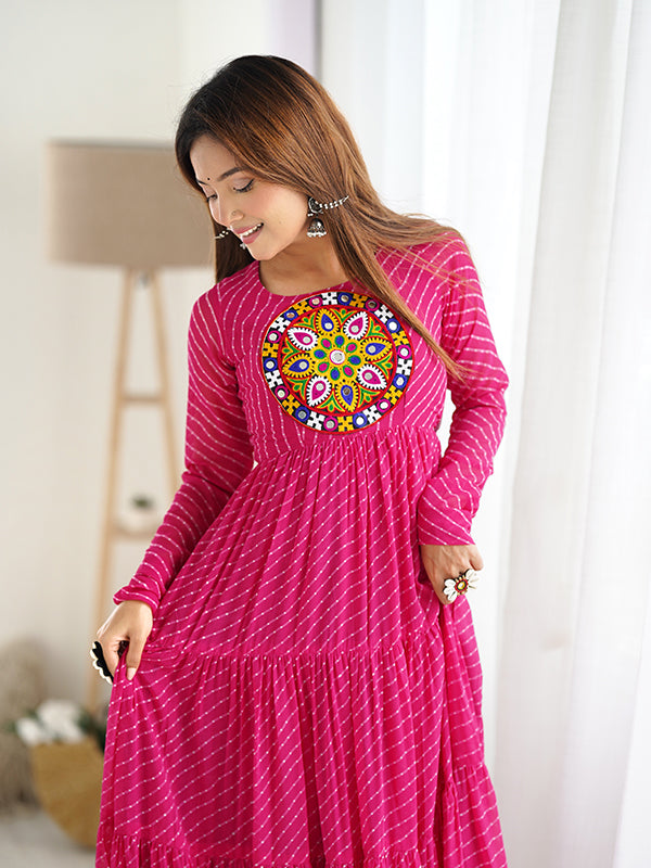 Rani Pink Layered Embroidered & Printed Anarkali Gown