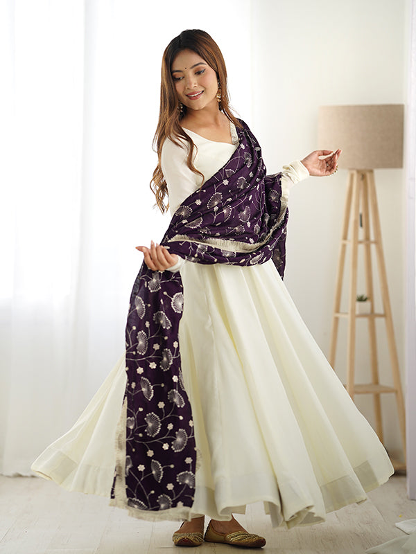 Purple Dupatta Vichitra Silk Off White Anarkali Gown With Pant Set