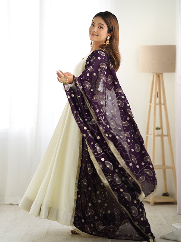 Purple Dupatta Vichitra Silk Off White Anarkali Gown With Pant Set