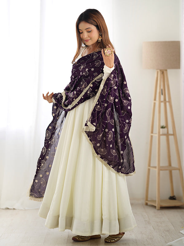 Purple Dupatta Vichitra Silk Off White Anarkali Gown With Pant Set