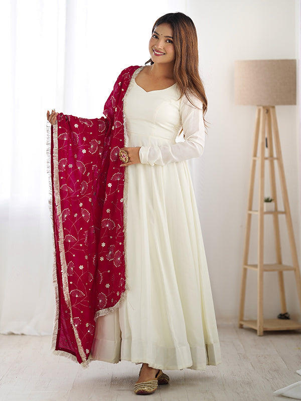 Rani Pink Dupatta Vichitra Silk Off White Anarkali Gown With Pant Set