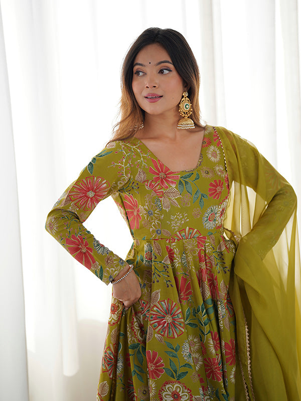 Mahendi Roman Silk Printed Kediya Kurta With Flair Palazzo Dupatta Set