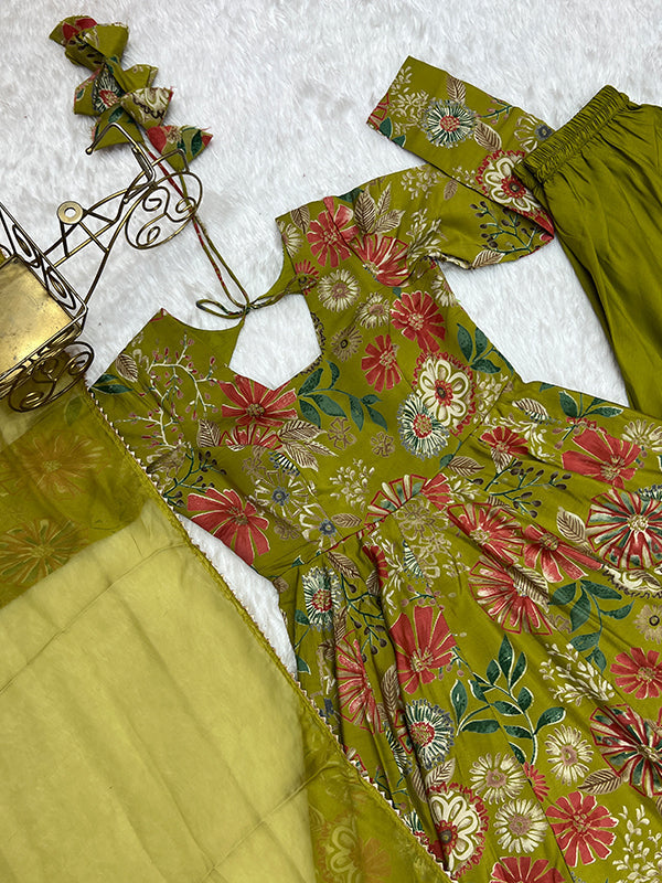 Mahendi Roman Silk Printed Kediya Kurta With Flair Palazzo Dupatta Set