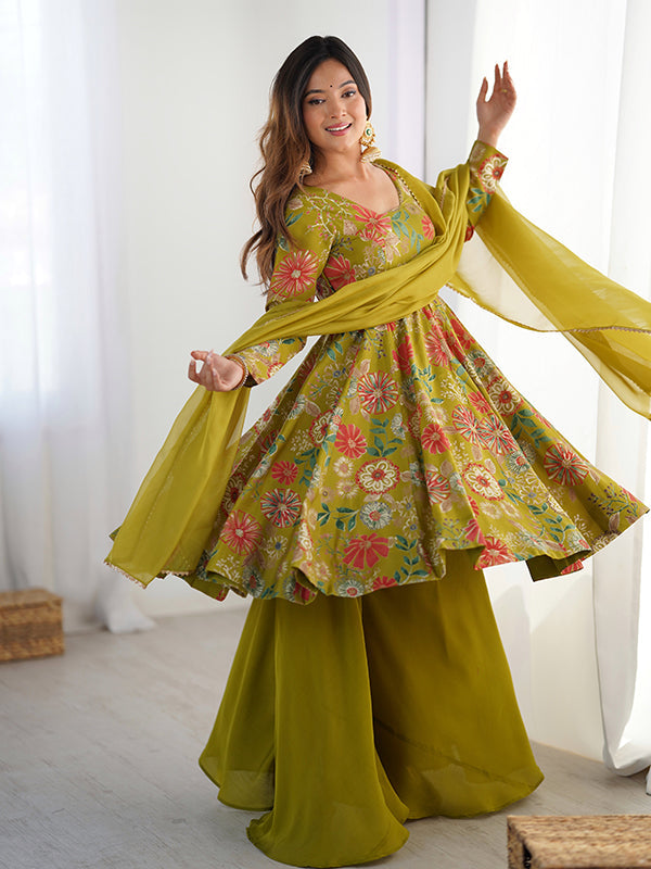 Mahendi Roman Silk Printed Kediya Kurta With Flair Palazzo Dupatta Set
