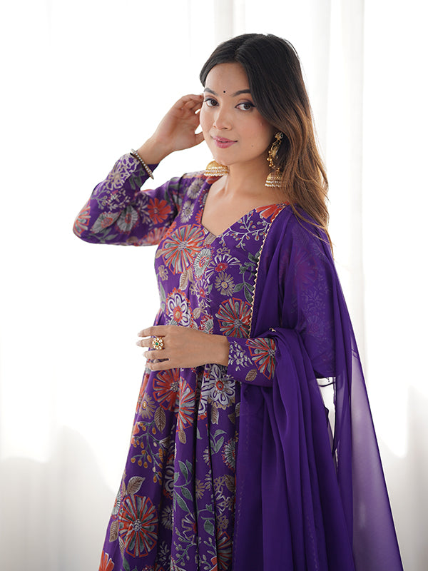 Purple Roman Silk Printed Kediya Kurta With Flair Palazzo Dupatta Set
