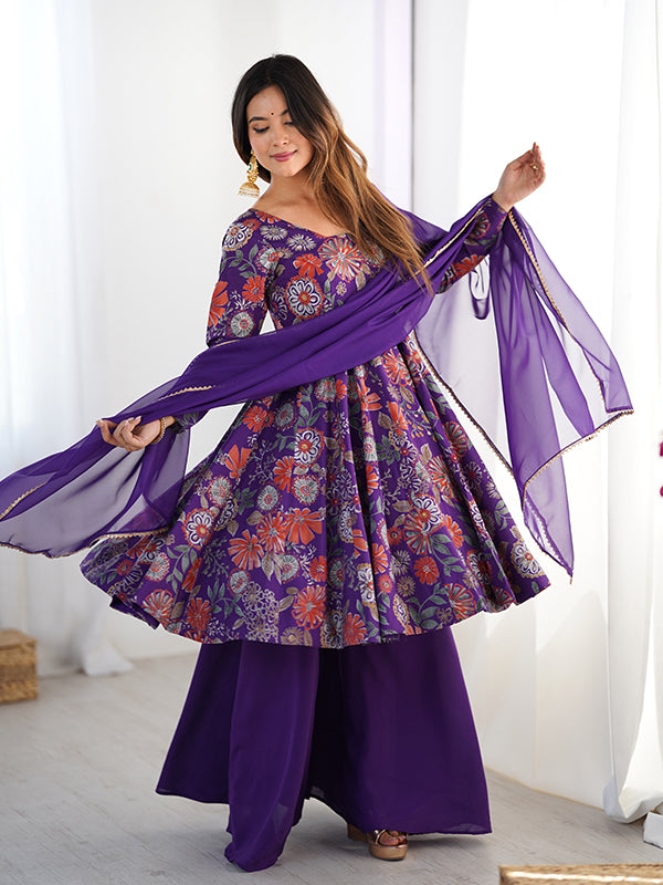 Purple Roman Silk Printed Kediya Kurta With Flair Palazzo Dupatta Set