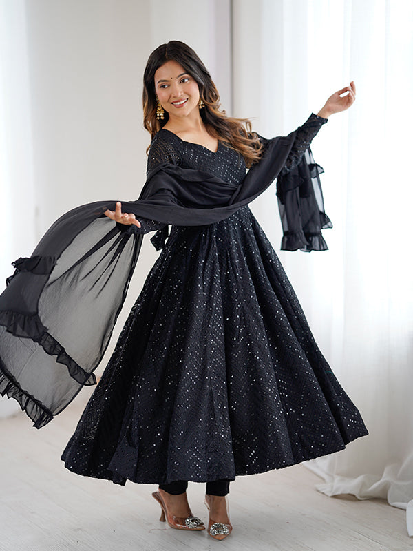 Black Lakhnavi Georgette Anarkali Gown With Pant & Dupatta Set