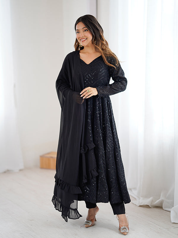 Black Lakhnavi Georgette Anarkali Gown With Pant & Dupatta Set