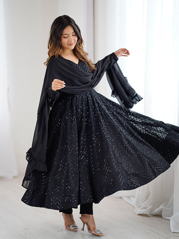 Black Lakhnavi Georgette Anarkali Gown With Pant & Dupatta Set