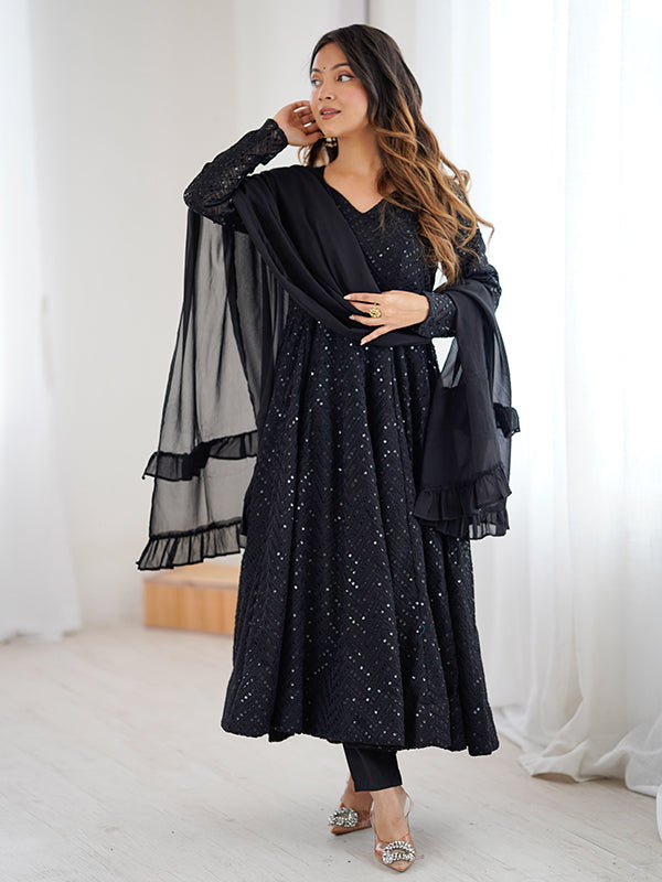 Black Lakhnavi Georgette Anarkali Gown With Pant & Dupatta Set