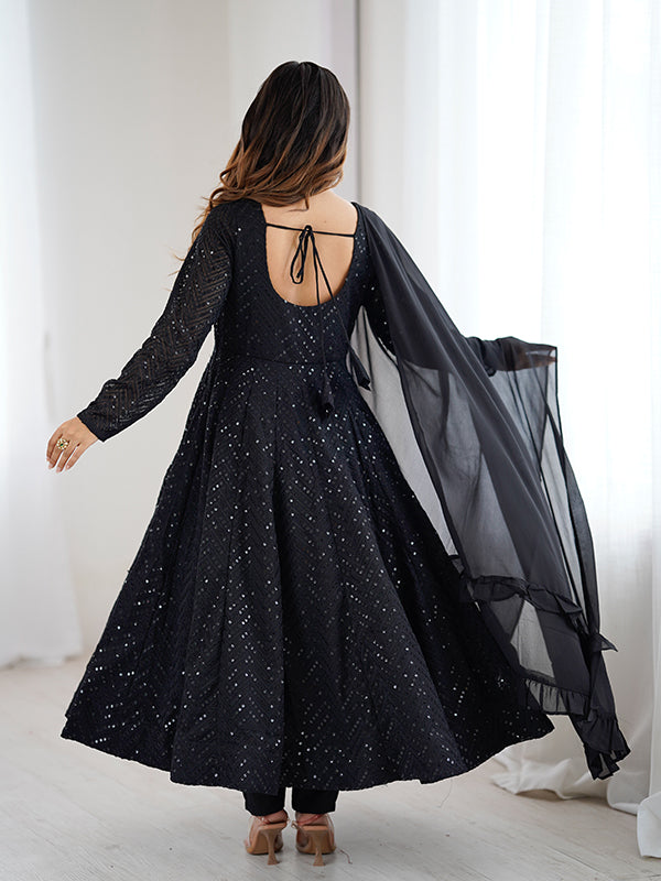 Black Lakhnavi Georgette Anarkali Gown With Pant & Dupatta Set