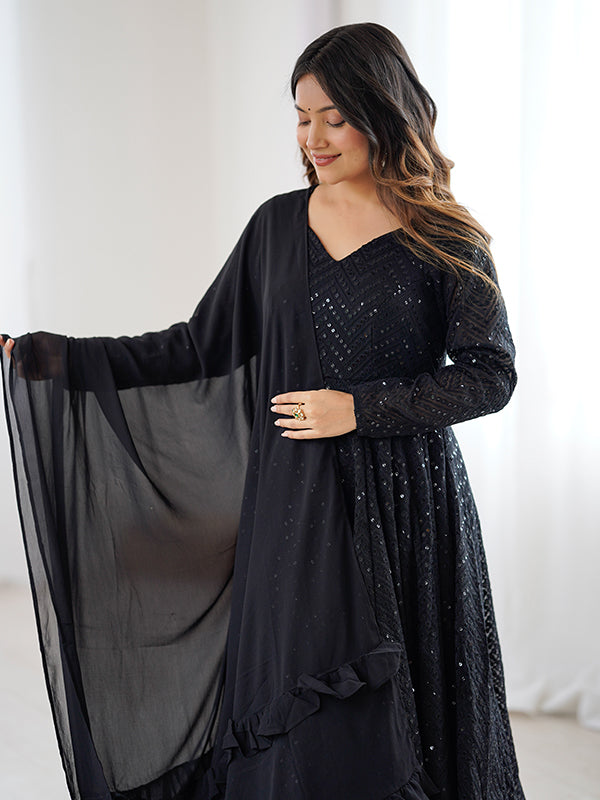 Black Lakhnavi Georgette Anarkali Gown With Pant & Dupatta Set