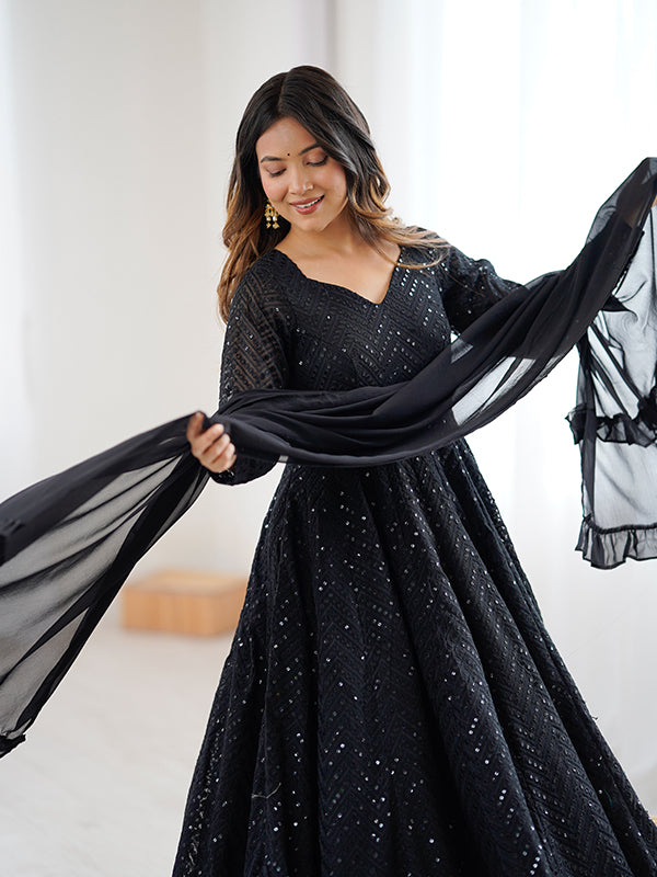Black Lakhnavi Georgette Anarkali Gown With Pant & Dupatta Set