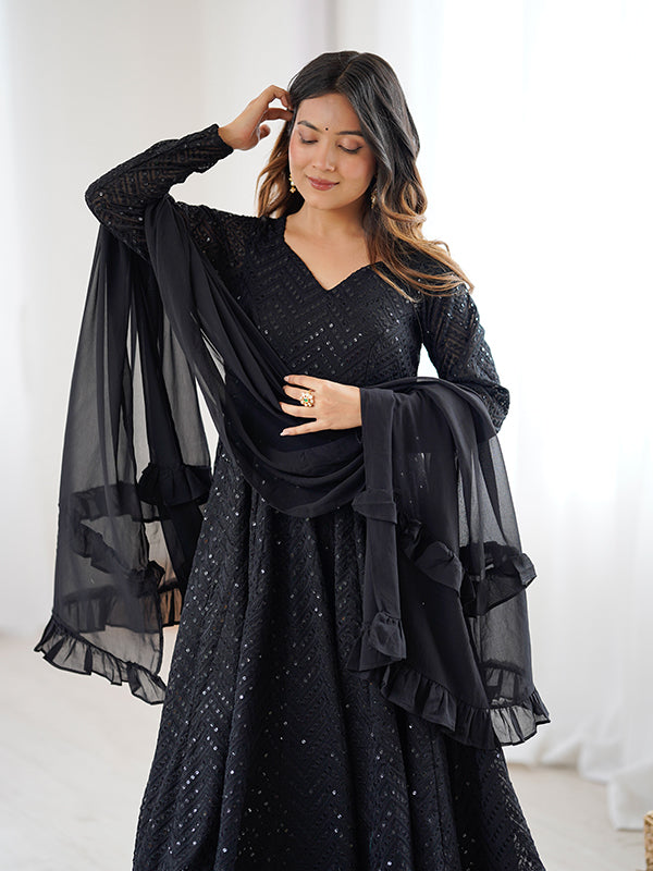 Black Lakhnavi Georgette Anarkali Gown With Pant & Dupatta Set