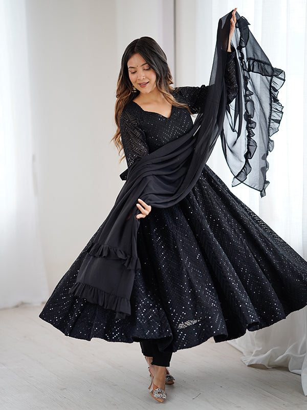 Black Lakhnavi Georgette Anarkali Gown With Pant & Dupatta Set