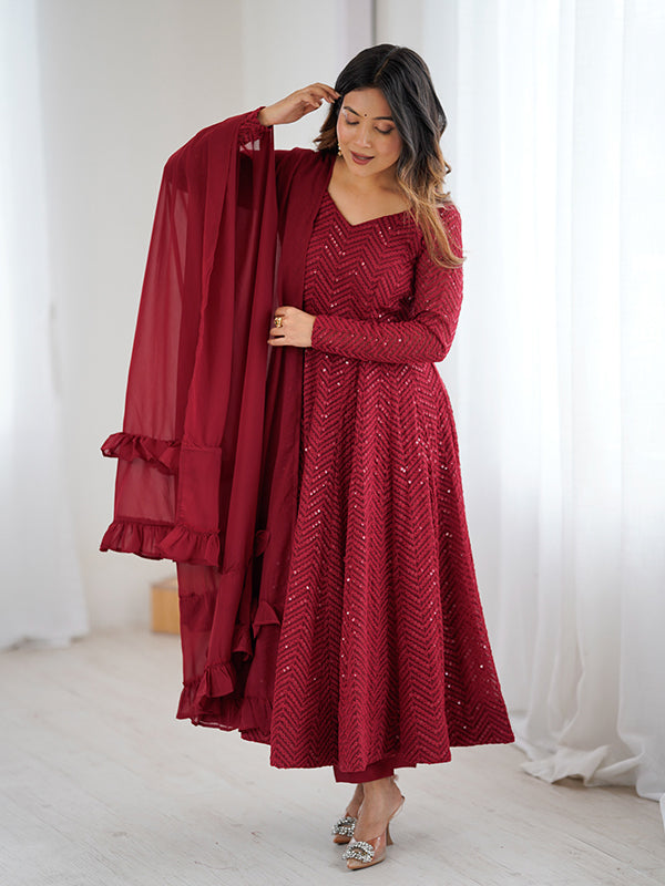 Maroon Lakhnavi Georgette Anarkali Gown With Pant & Dupatta Set