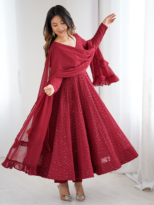 Maroon Lakhnavi Georgette Anarkali Gown With Pant & Dupatta Set