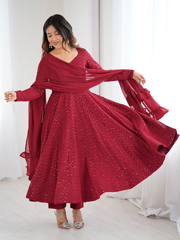 Maroon Lakhnavi Georgette Anarkali Gown With Pant & Dupatta Set