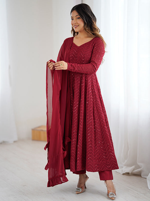 Maroon Lakhnavi Georgette Anarkali Gown With Pant & Dupatta Set