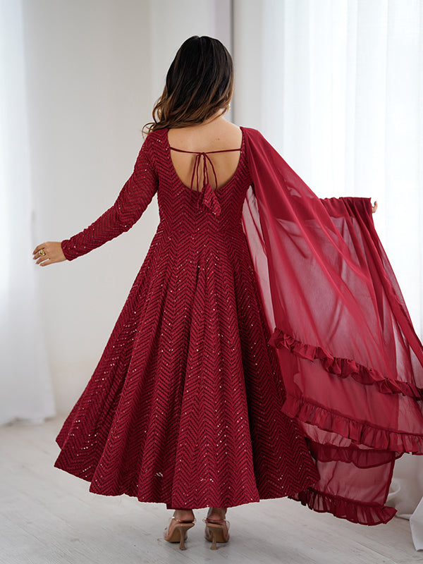 Maroon Lakhnavi Georgette Anarkali Gown With Pant & Dupatta Set