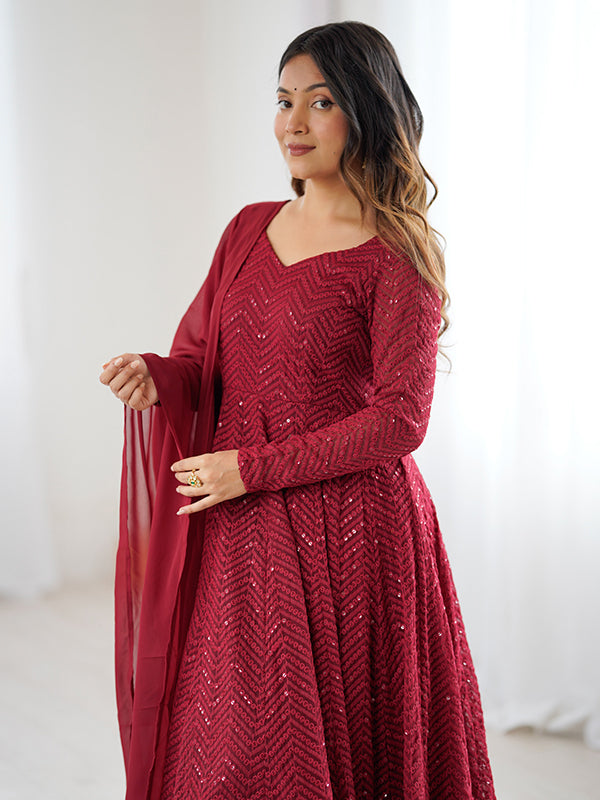 Maroon Lakhnavi Georgette Anarkali Gown With Pant & Dupatta Set