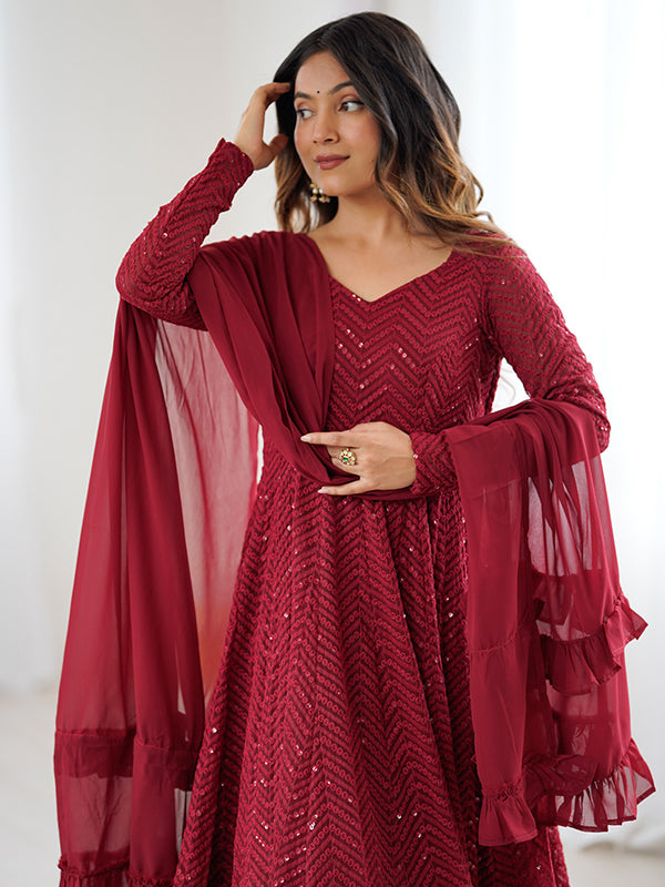 Maroon Lakhnavi Georgette Anarkali Gown With Pant & Dupatta Set