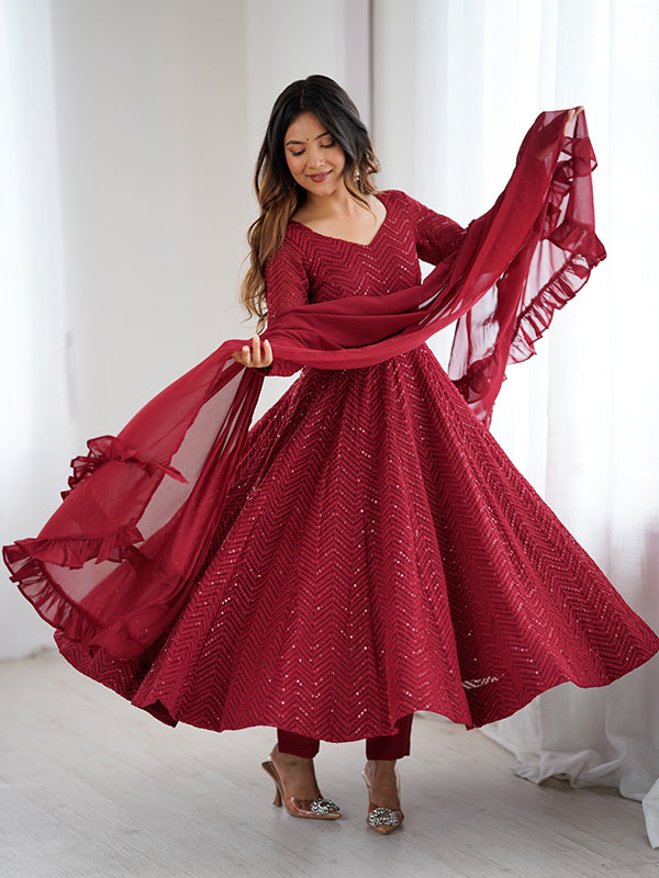 Maroon Lakhnavi Georgette Anarkali Gown With Pant & Dupatta Set