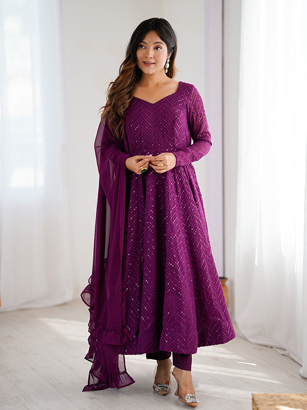 Wine Lakhnavi Georgette Anarkali Gown With Pant & Dupatta Set