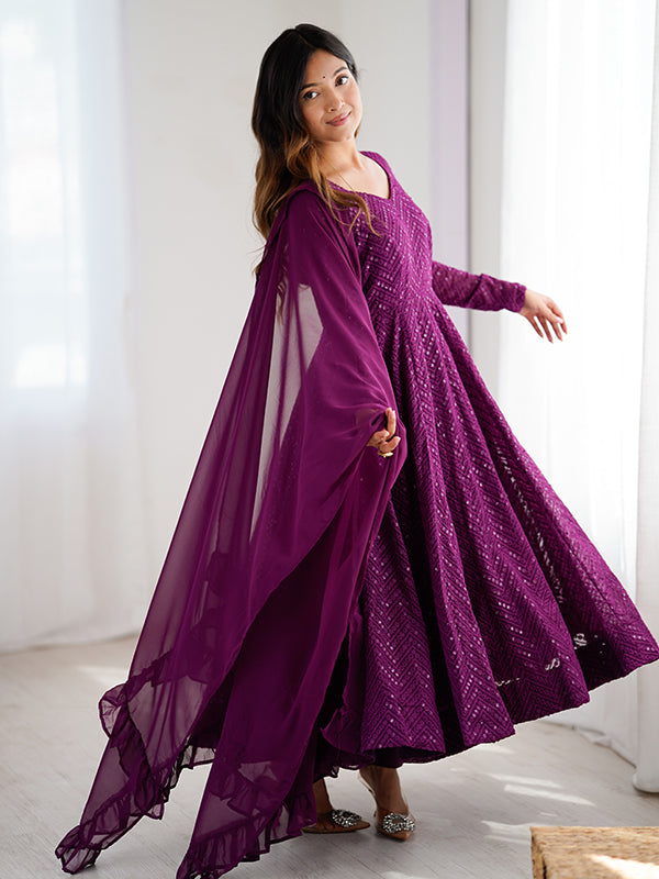 Wine Lakhnavi Georgette Anarkali Gown With Pant & Dupatta Set
