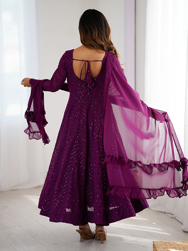Wine Lakhnavi Georgette Anarkali Gown With Pant & Dupatta Set
