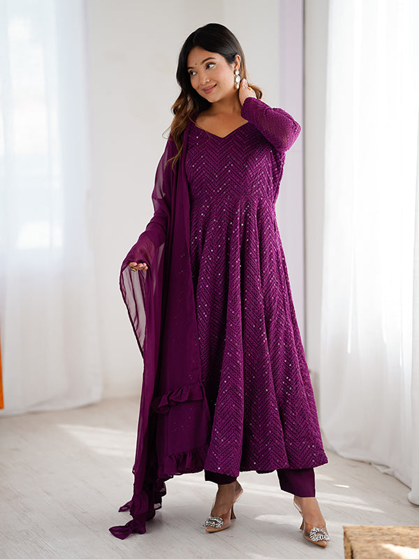 Wine Lakhnavi Georgette Anarkali Gown With Pant & Dupatta Set