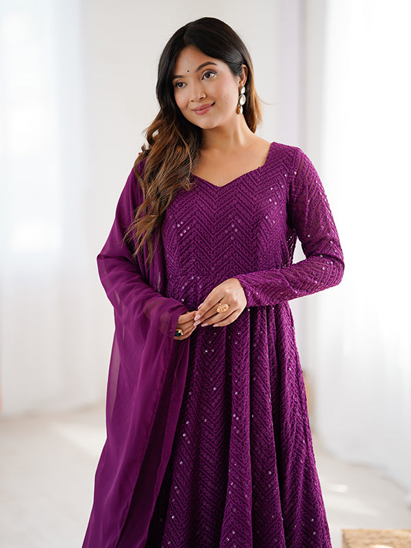 Wine Lakhnavi Georgette Anarkali Gown With Pant & Dupatta Set