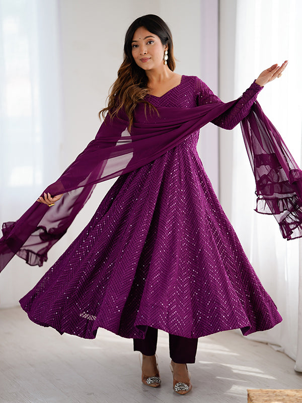 Wine Lakhnavi Georgette Anarkali Gown With Pant & Dupatta Set