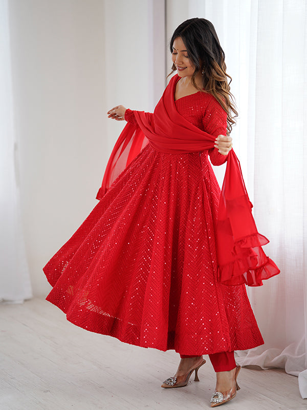 Red Lakhnavi Georgette Anarkali Gown With Pant & Dupatta Set