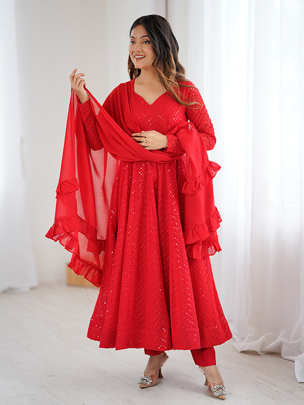 Red Lakhnavi Georgette Anarkali Gown With Pant & Dupatta Set