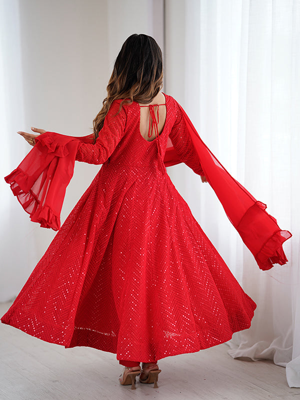 Red Lakhnavi Georgette Anarkali Gown With Pant & Dupatta Set
