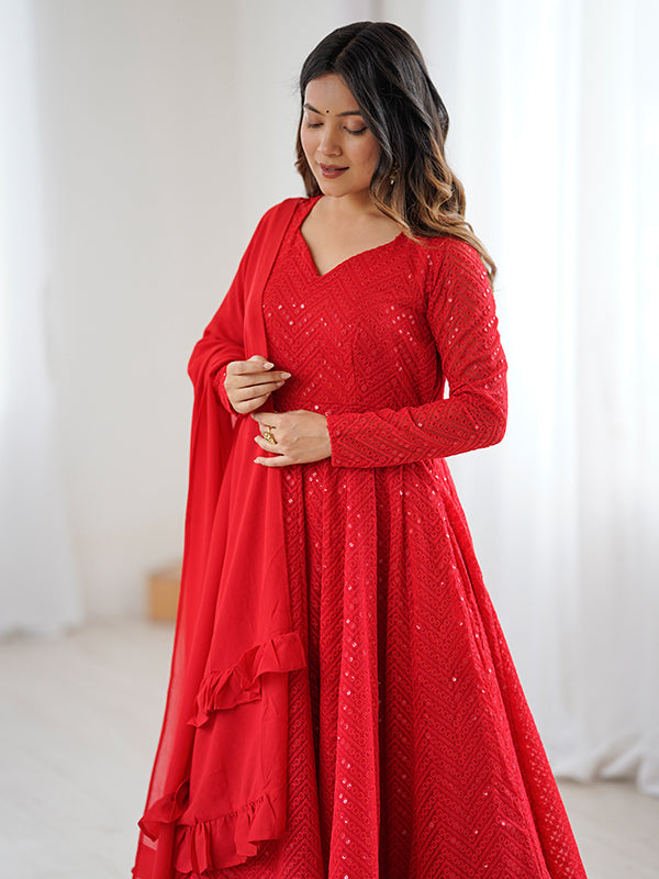 Red Lakhnavi Georgette Anarkali Gown With Pant & Dupatta Set
