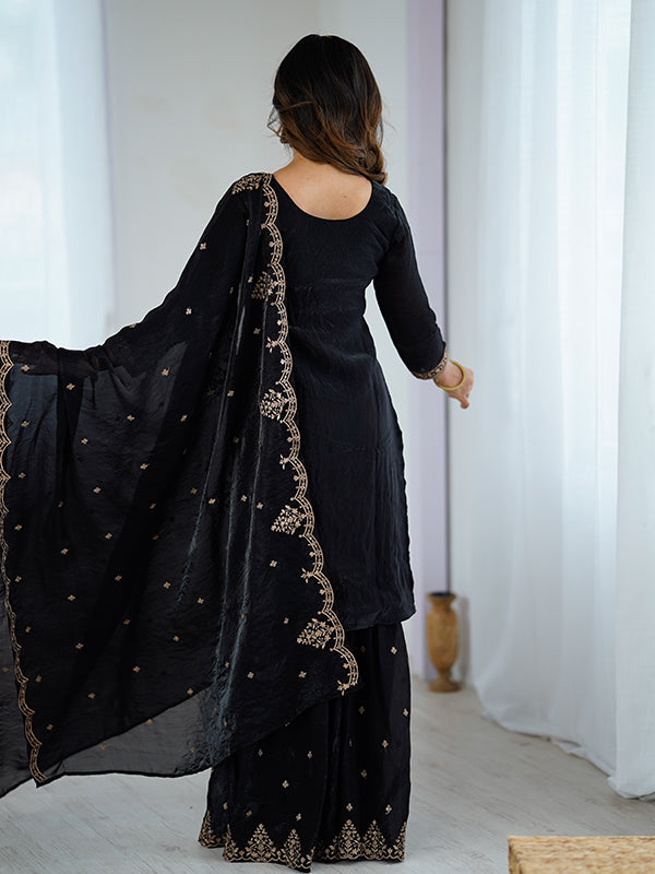 Black Embroidery Sequence Work Soft Crunchy Silk Sharara Suit With Dupatta