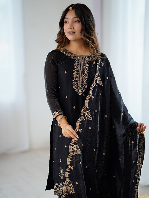 Black Embroidery Sequence Work Soft Crunchy Silk Sharara Suit With Dupatta