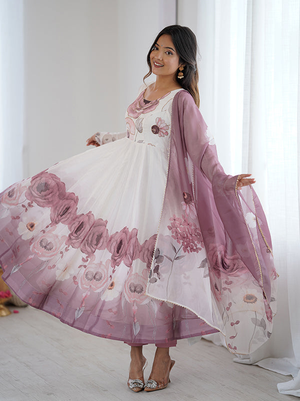 Onion Pink Floral Printed Anarkali Gown With Pant & Dupatta Set