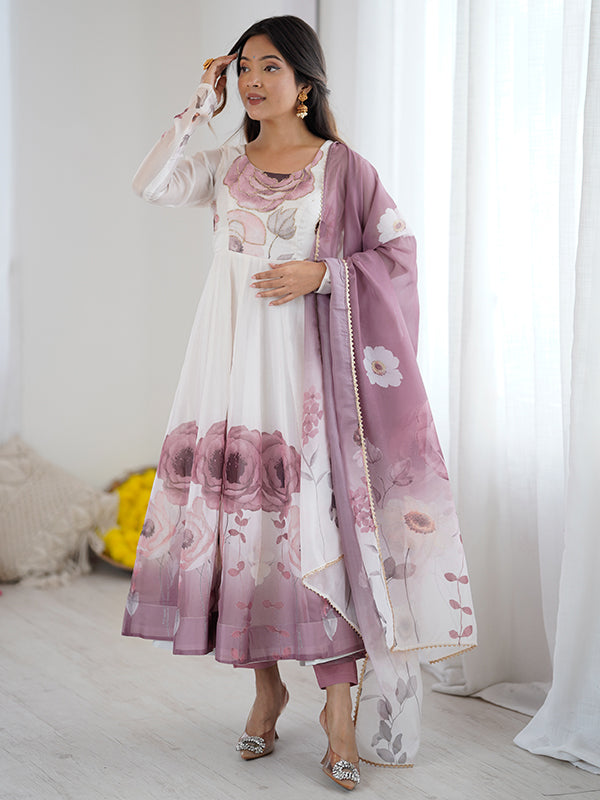 Onion Pink Floral Printed Anarkali Gown With Pant & Dupatta Set