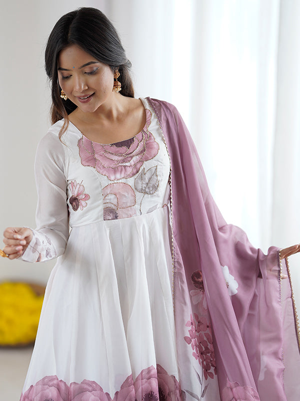 Onion Pink Floral Printed Anarkali Gown With Pant & Dupatta Set
