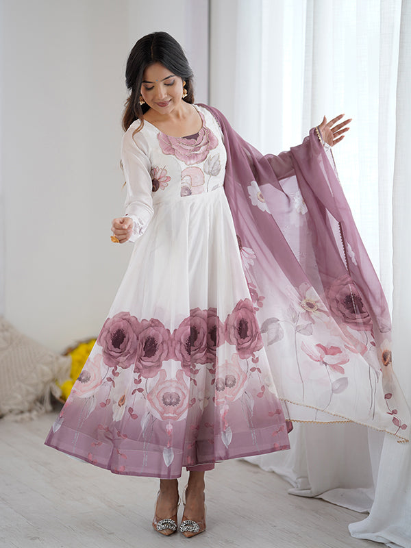 Onion Pink Floral Printed Anarkali Gown With Pant & Dupatta Set
