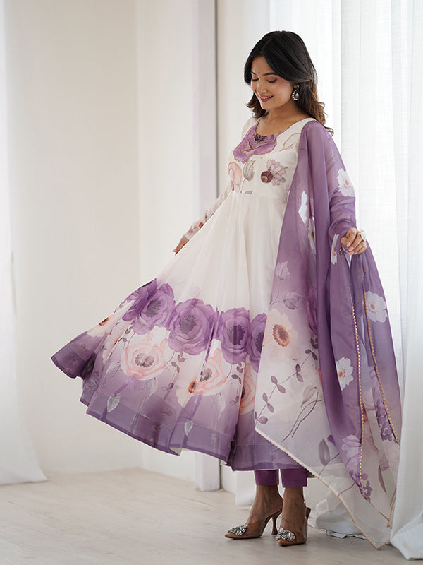 Violet Pink Floral Printed Anarkali Gown With Pant & Dupatta Set