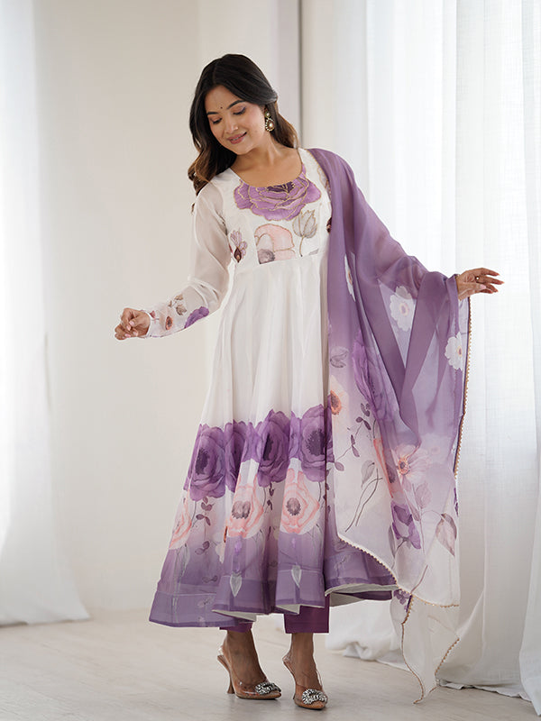 Violet Pink Floral Printed Anarkali Gown With Pant & Dupatta Set