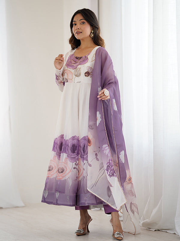 Violet Pink Floral Printed Anarkali Gown With Pant & Dupatta Set