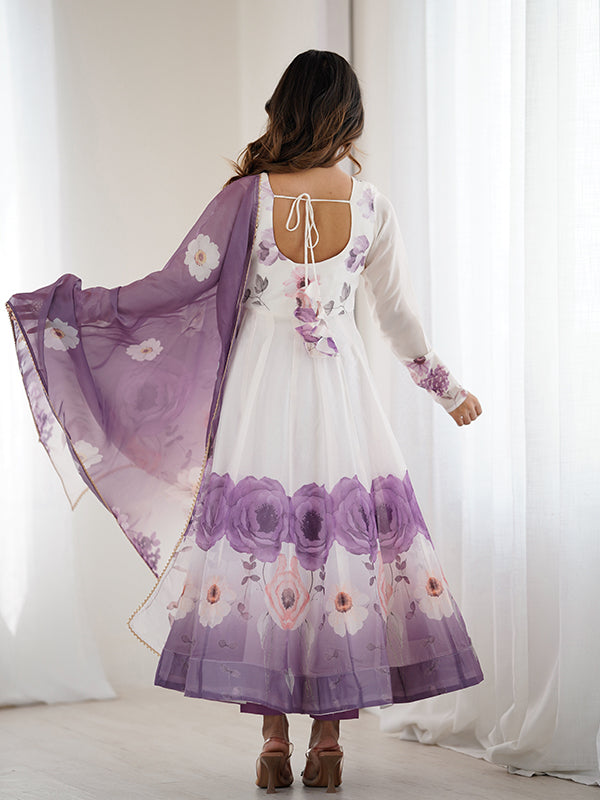 Violet Pink Floral Printed Anarkali Gown With Pant & Dupatta Set