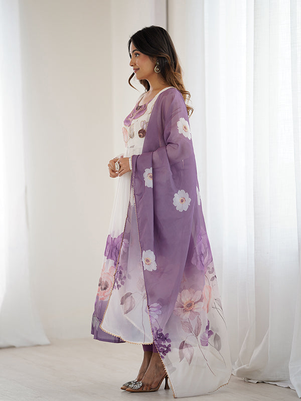 Violet Pink Floral Printed Anarkali Gown With Pant & Dupatta Set