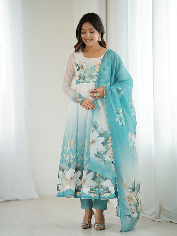 Aqua Blue Floral Printed Anarkali Gown With Pant & Dupatta Set