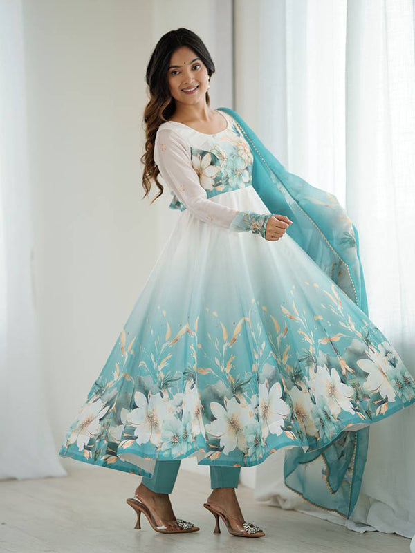 Aqua Blue Floral Printed Anarkali Gown With Pant & Dupatta Set